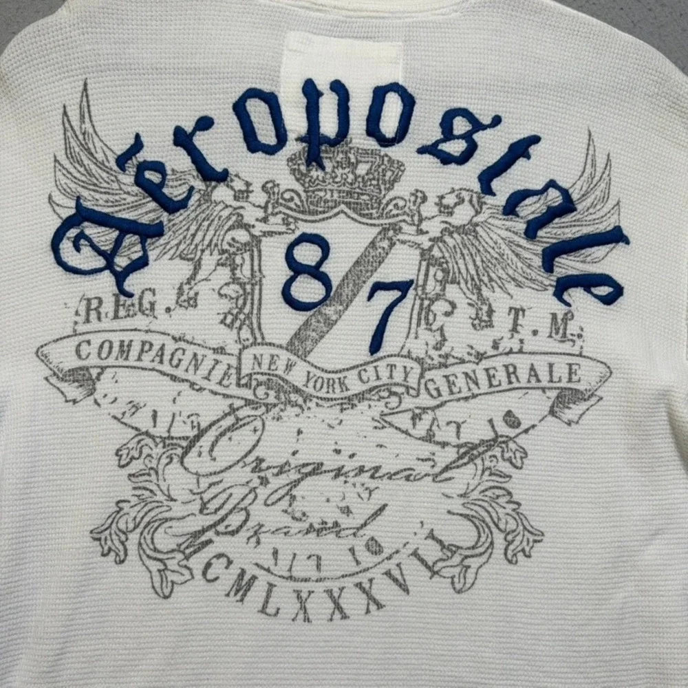 Aeropostale Thermal Shirt Mens L White Waffle Knit Graphic Y2K Rare Wing Print
